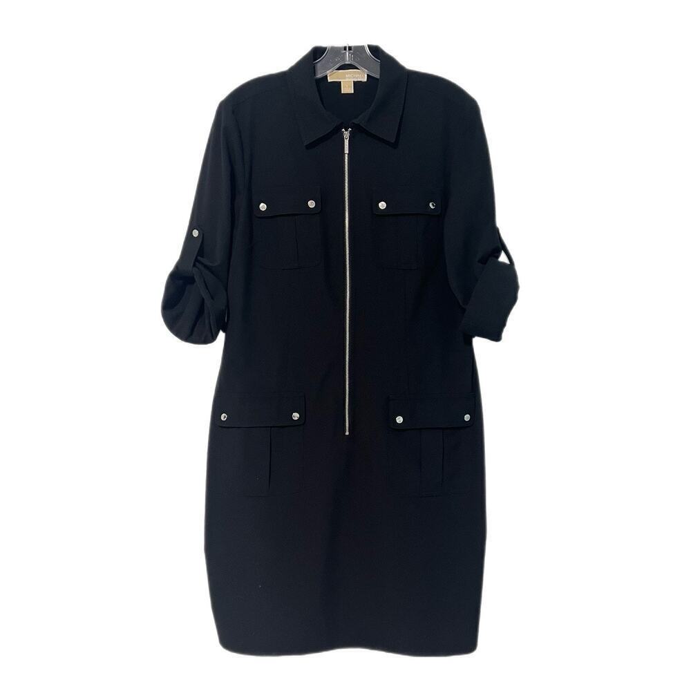 Michael Kors Utility Shirt Dress Women's Size L Black Zip Front Roll Tab Sleeves